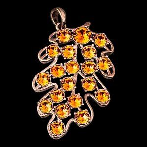 Vintage November Leaf Silver Tone Faux Orange Sapphire Gemstone Pendent